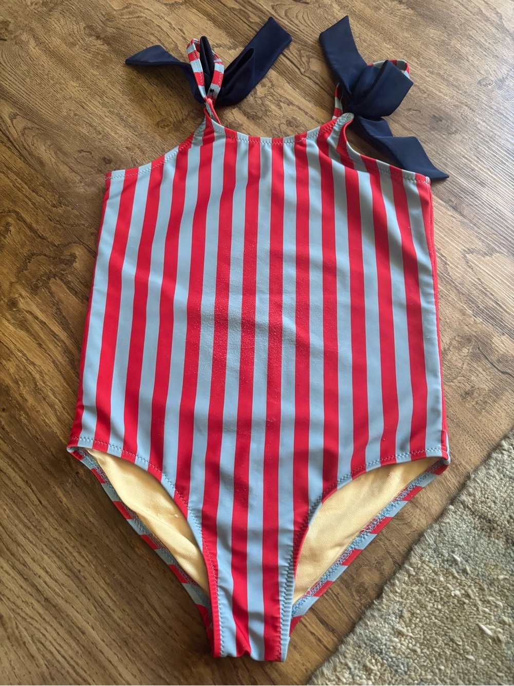 Pink Chicken Red and Light Blue Striped One-Piece with Navy Shoulder Ties